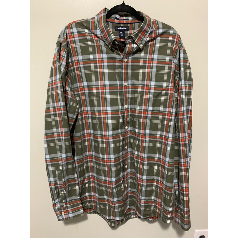 Lands End Mens XL Tall No Iron Twill Plaid Button Down Shirt Olive Orange XL/T